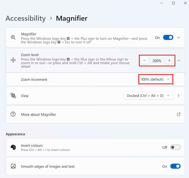 Use the plus and minus keys to set the Zoom Level then adjust the Zoom Increment below